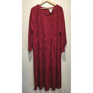 Vtg Red Burnout Velvet Long Sleeve Maxi Dress Pockets Holiday Party Sz 26w
